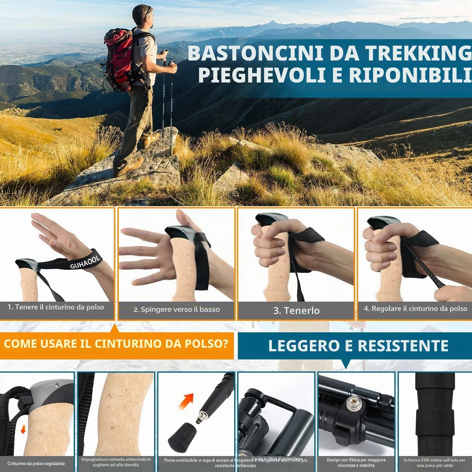 Bastoni Trekking Carbonio Allu 7075 Pieghevole Regolabile 108-139cm 2 Pezzi Nordic Walking