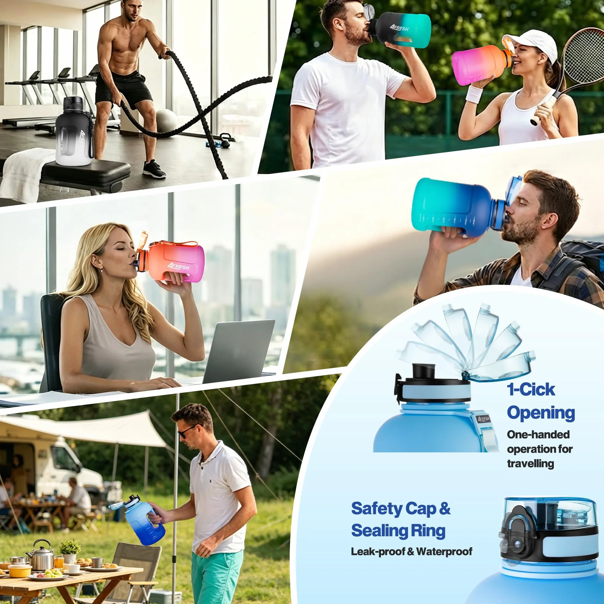 Borraccia Gallon 2300 ml 2,3 L con Manico Antiperdita Senza BPA Tritan per Fitness Palestra Camping