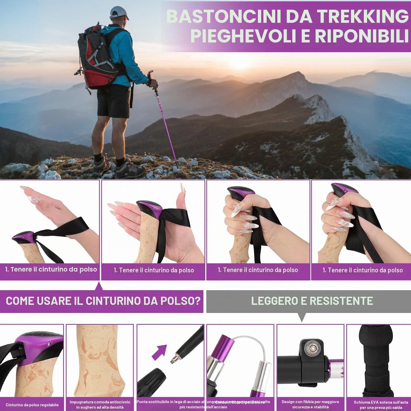 Bastoni da Trekking Alluminio Pieghevoli 115-135 cm Nordic Walking 5 Paia Cuscinetto