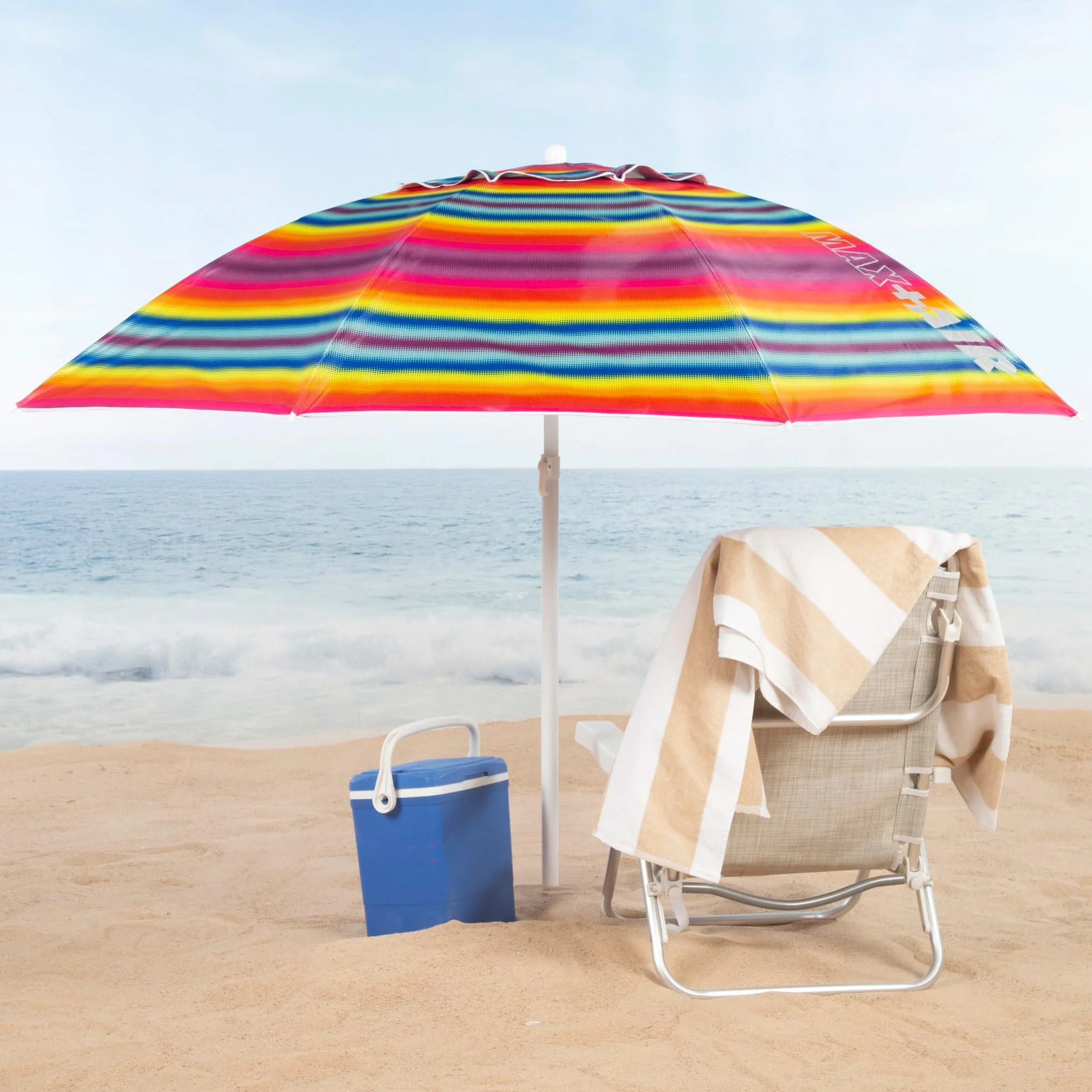 AKTIVE Ombrellone da spiaggia, 220 cm, antivento, tetto ventilato, palo da 28-32 mm, protezione UV 50, borsa portaoggetti inclusa, spiaggia