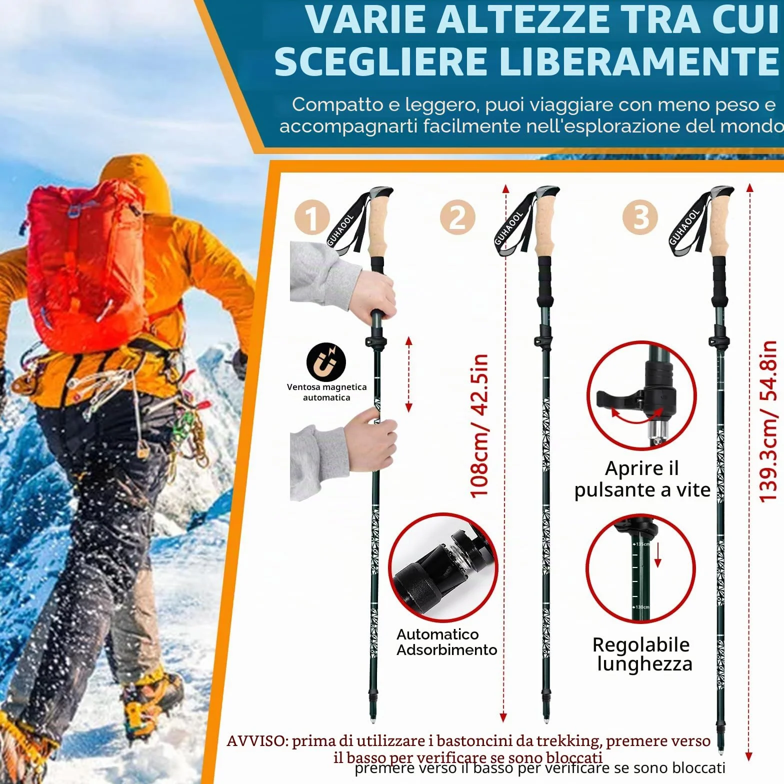 Bastoni Trekking Carbonio Allu 7075 Pieghevole Regolabile 108-139cm 2 Pezzi Nordic Walking