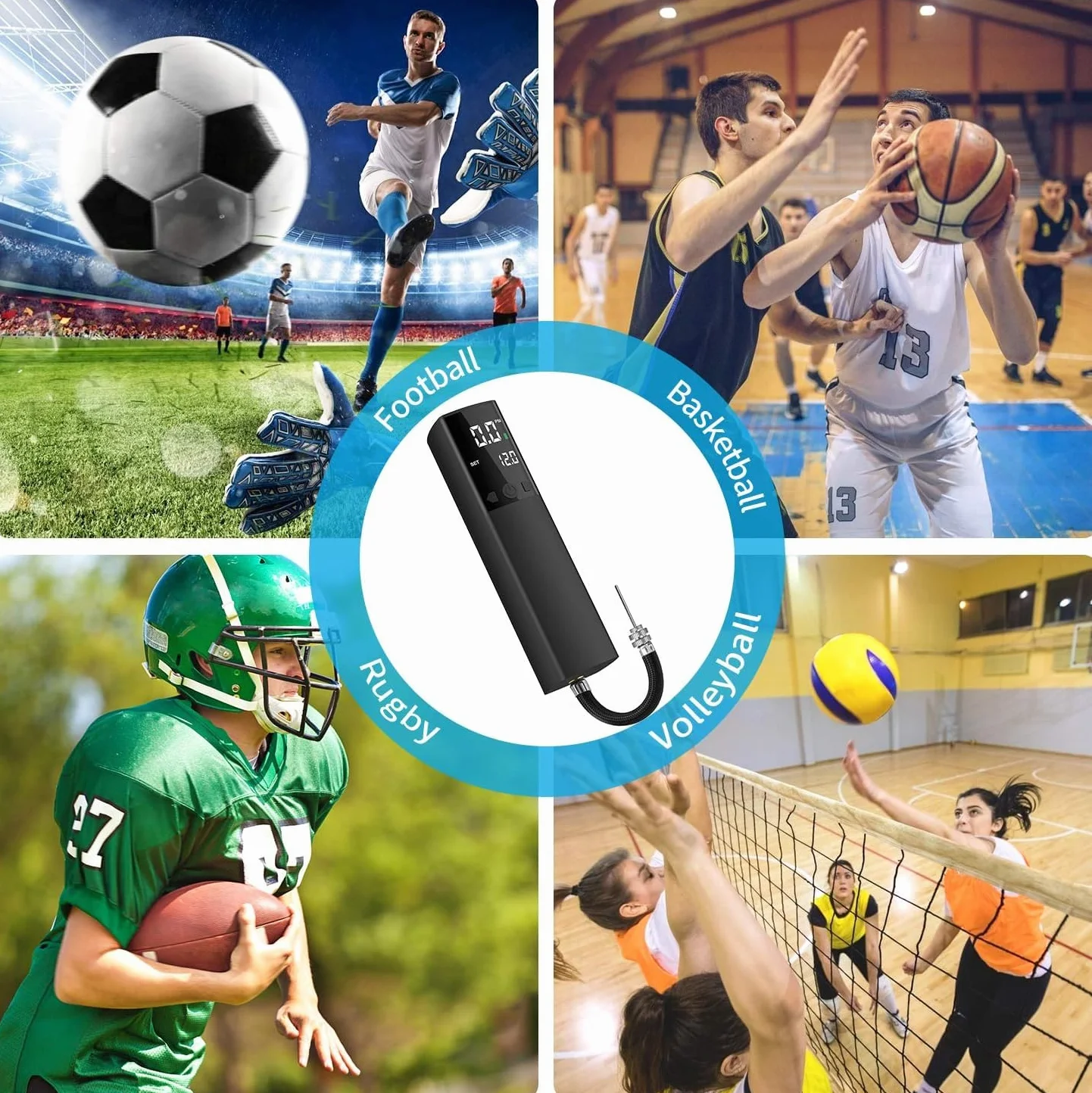 Pompa Elettrica a Sfera Intelligente con Manometro e Display LCD per Calcio, Basket, Pallavolo (2 Aghi, 1 Ugello)