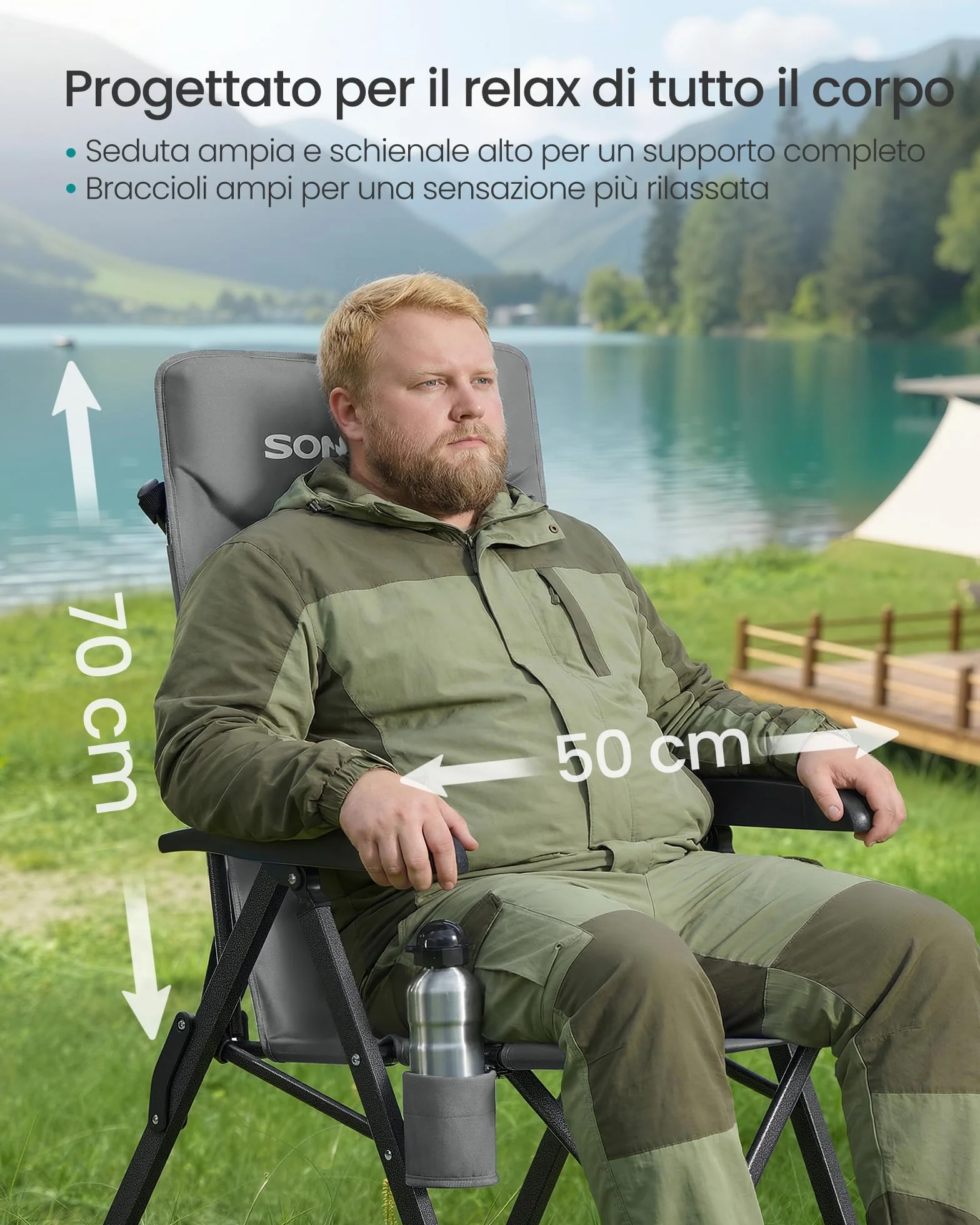 SONGMICS Set di 2 Sedie da Campeggio Reclinabile Pieghevole Imbottita Schienale Alto Regolabile Grigio