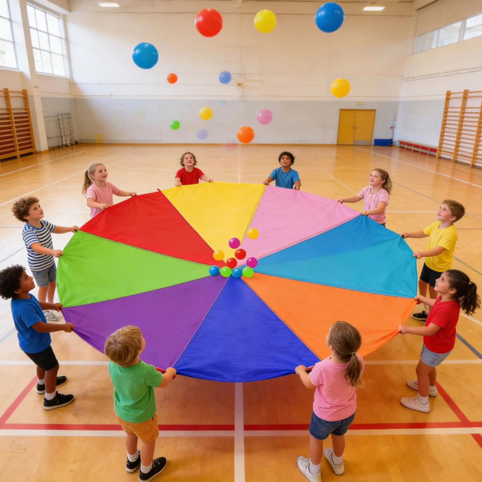 Paracadute Bambini 3,6m Arcobaleno 8 Maniglie 10 Palle Giochi All'aperto Sport