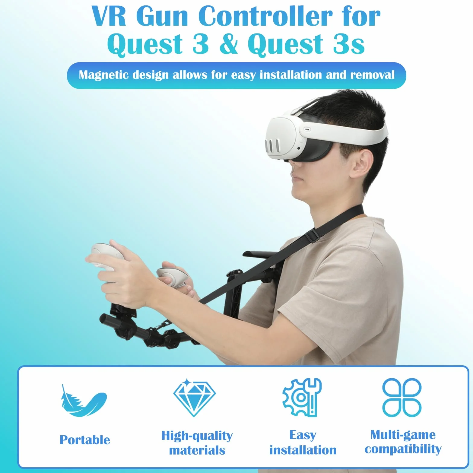 VR Gunstock per MetaQuest 3, pistola compatibile con impugnatura VR MetaQuest 3 per migliorare la stabilità e il controllo, adattatore magnetico (nero)