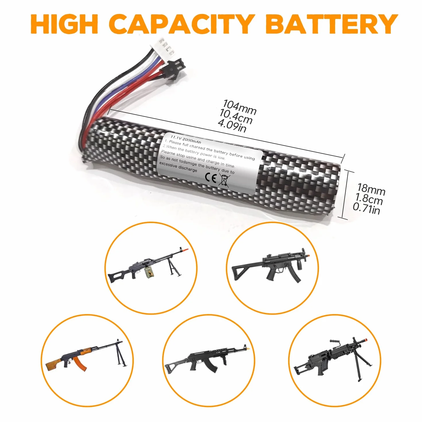 Batteria Li-ion 11.1V 2000mAh 3S SM-2P con Cavo di Ricarica USB per Airsoft Gel Ball Blaster
