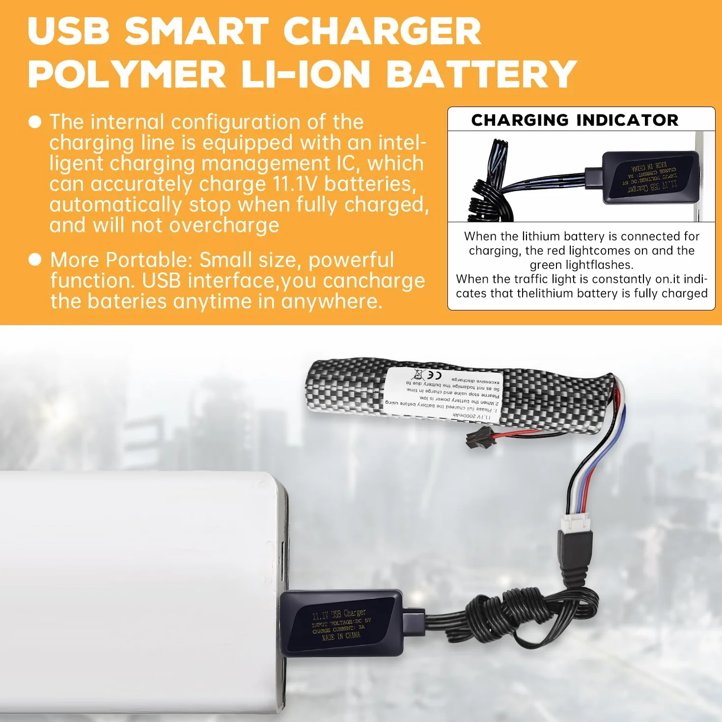 Batteria Li-ion 11.1V 2000mAh 3S SM-2P con Cavo di Ricarica USB per Airsoft Gel Ball Blaster
