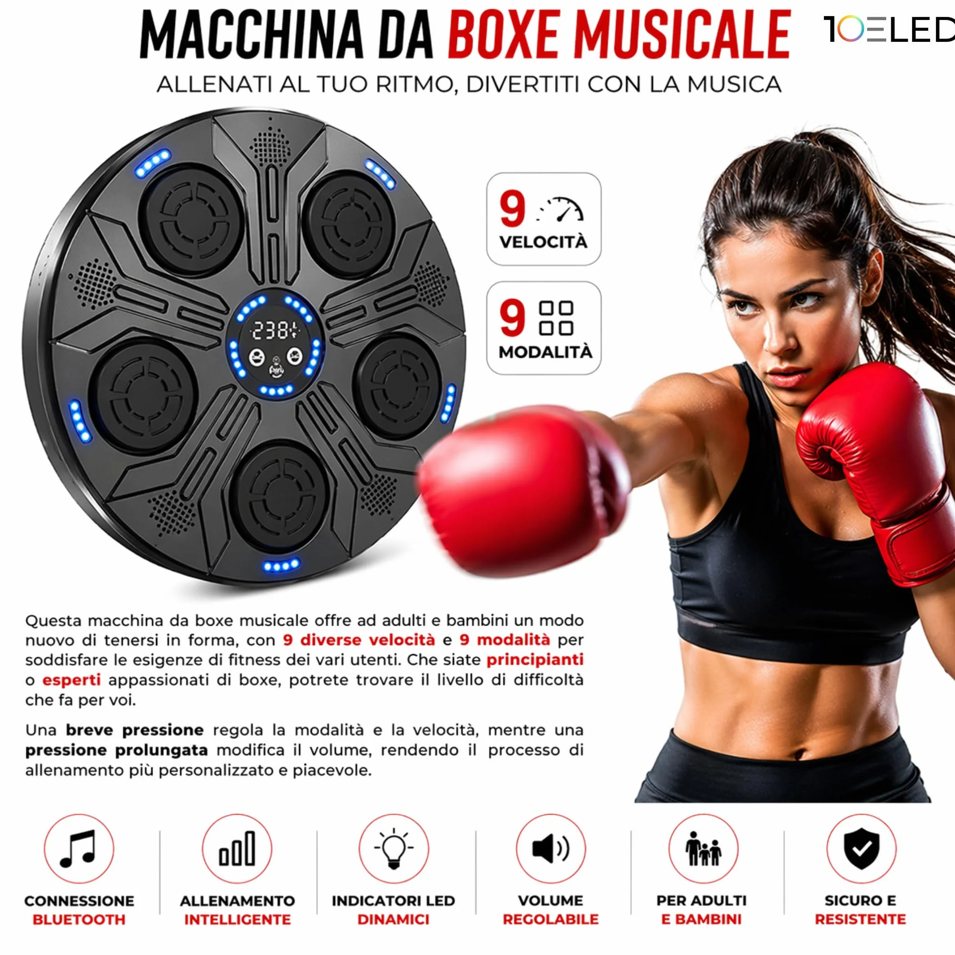 Music Boxing Machine Interattiva con LED a Parete e Bluetooth - Display Digitale - 5 Pad Reattivi - Guantoni INCLUSI - Beat Punch Allenamento Casa per Riflessi, Velocità e Coordinazione