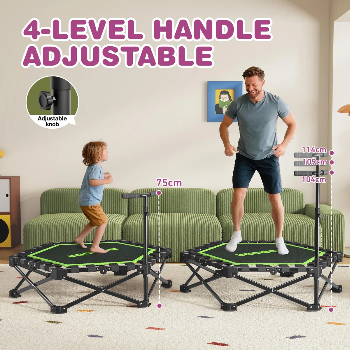 MOMODA Mini Trampolino da 76,2 cm/114,3 cm, per Bambini e Adulti, Trampolino Pieghevole con Manico, carico Massimo 90,7 kg