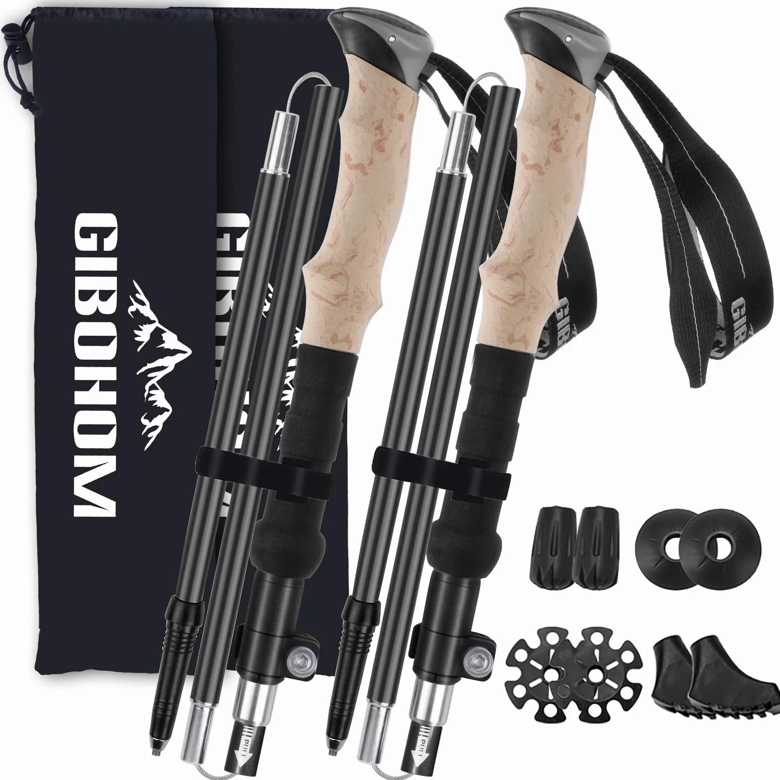 GIBOHOM Bastoncini Trekking Alluminio 2 Pezzi 105-125 CM Pieghevoli Antiurto con Cuscinetti in Gomma Borsa