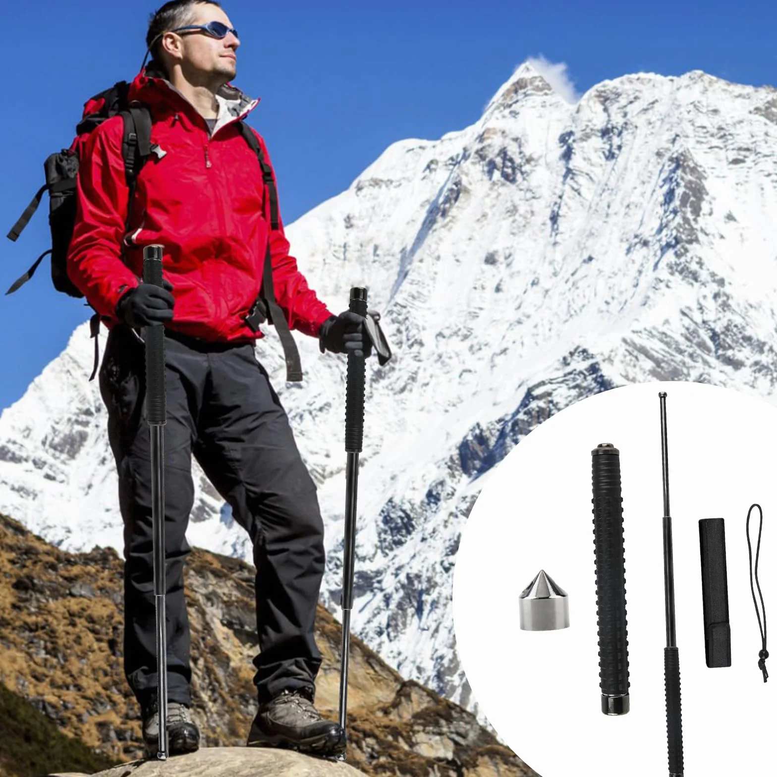 Bastone da Escursionismo Telescopico Pieghevole 64cm Antiscivolo Trekking Campeggio Alpinismo Sci Nero