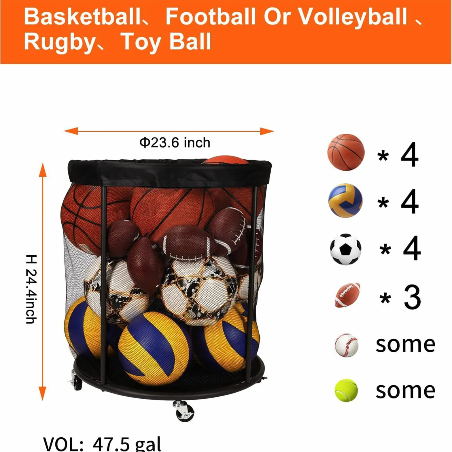 Generico Contenitore per Palloni Portapallacanestro Grande Capacità Sport Piscina Giardino