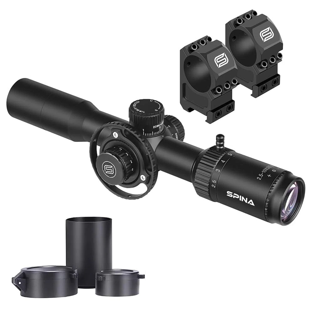 SPINA OPTICS FalconPoint - Cannocchiale tattico 2,5-10 x 32 SFP per la caccia con reticolo Mil-dot, tubo da 30 mm secondo piano focale, con supporti ad anello da 20 mm