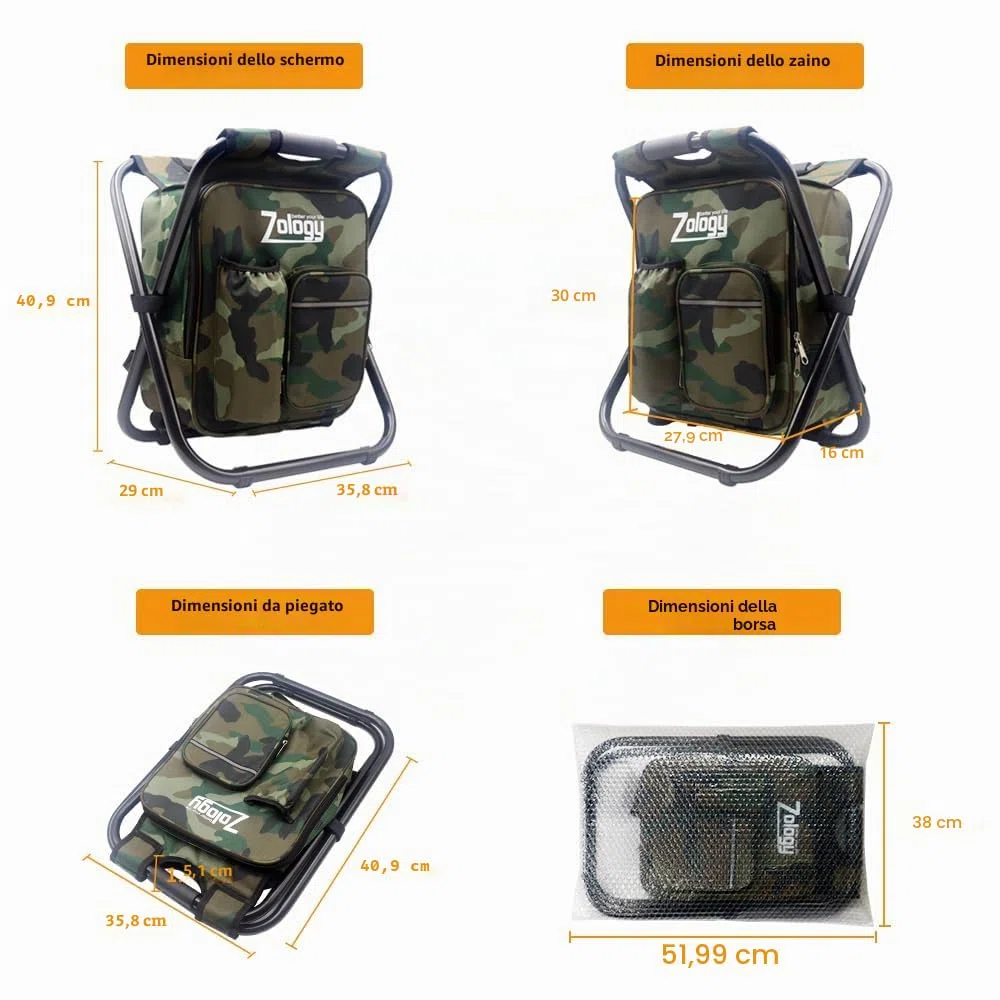 Pieghevole Sedia da Campeggio Sgabello Zaino con Borsa Picnic Isolato di Raffreddamento, Camouflage Portatile Escursionismo Seggiolone da Tavolo per Outdoor Pesca al Coperto Viaggio Beach BBQ