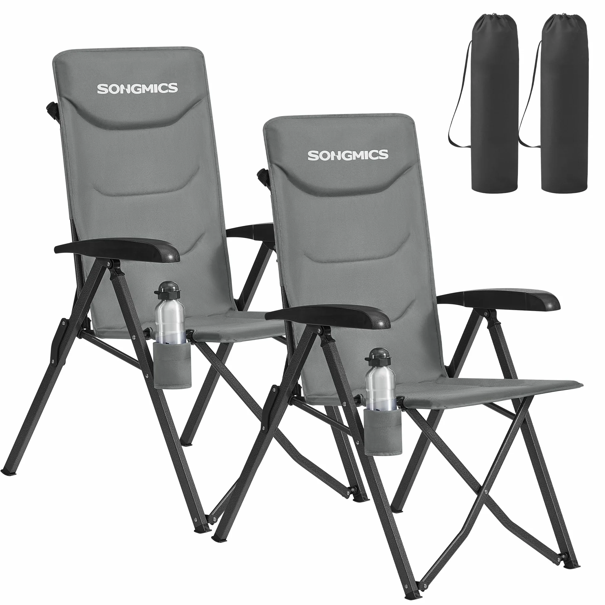 SONGMICS Set di 2 Sedie da Campeggio Reclinabile Pieghevole Imbottita Schienale Alto Regolabile Grigio