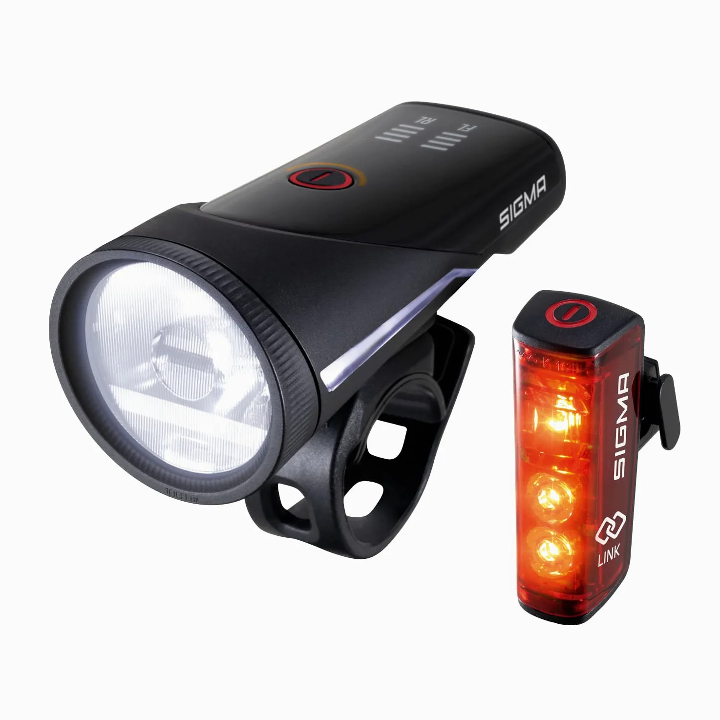 SIGMA Aura 100/Blaze Link set di luci per bici (attacco in silicone) | innovativa funzione frizione | luce anteriore a LED con 100 lux | luce posteriore con funzione luce freno
