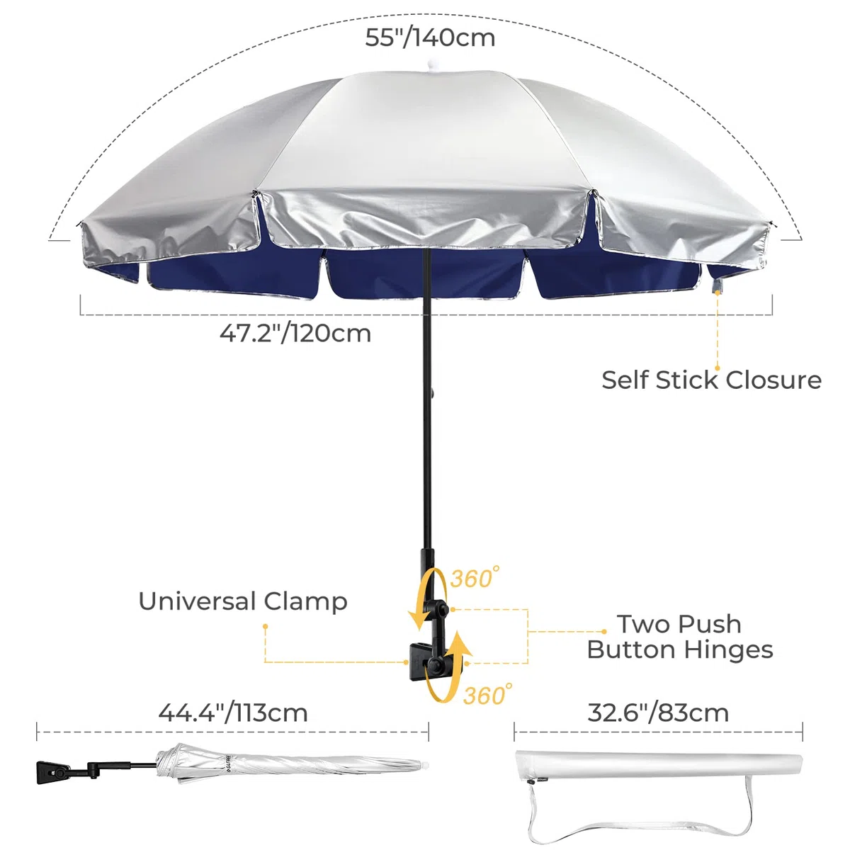 G4Free Ombrello universale con morsetto per ombrellone regolabile da 155 cm per esterni e sedie a rotelle, per sedie a rotelle, sedie da spiaggia e carrello da golf