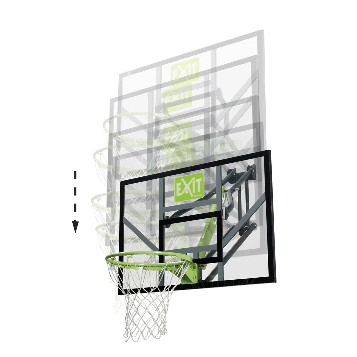 EXIT Toys Galaxy Tabellone da Basket per Montaggio a Muro - Cerchio da Basket, Rete e Materiale di Fissaggio - Tabellone Regolabile in 5 Altezze - Per Bambini e Adulti - Telaio Robusto - Verde/Nero