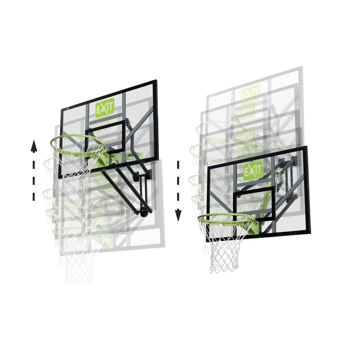 EXIT Toys Galaxy Tabellone da Basket per Montaggio a Muro - Cerchio da Basket, Rete e Materiale di Fissaggio - Tabellone Regolabile in 5 Altezze - Per Bambini e Adulti - Telaio Robusto - Verde/Nero