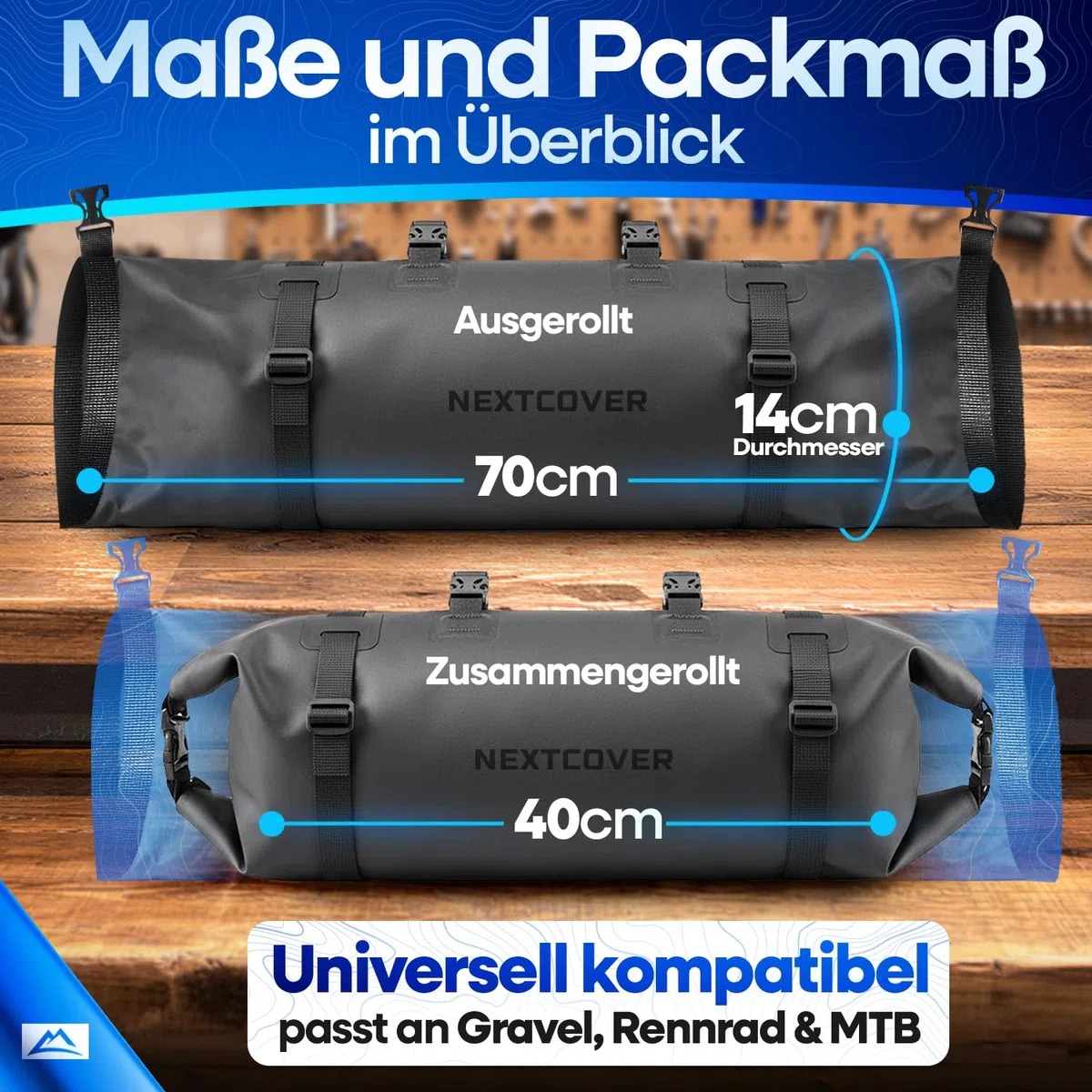 Nextcover Bikepacking - Borsa da manubrio per bicicletta [10 litri], 100% impermeabile, con AquaShield-TPU, ruote per manubrio compatte, per bici da corsa, mountain bike