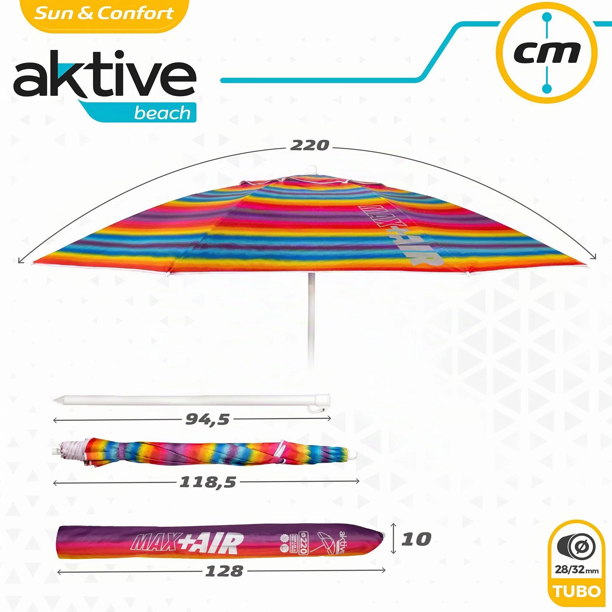 AKTIVE Ombrellone da spiaggia, 220 cm, antivento, tetto ventilato, palo da 28-32 mm, protezione UV 50, borsa portaoggetti inclusa, spiaggia