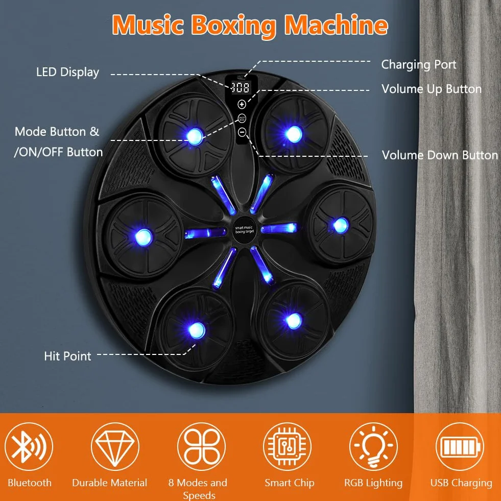 HOTUT Macchina da Boxe Musicale, Music Boxing Machine Adulti Intelligente con Bluetooth e Guanti da Boxe, 8 modalità di velocità Macchina da Box Musical Pugile, per Bambini e Adulti per Casa Interni