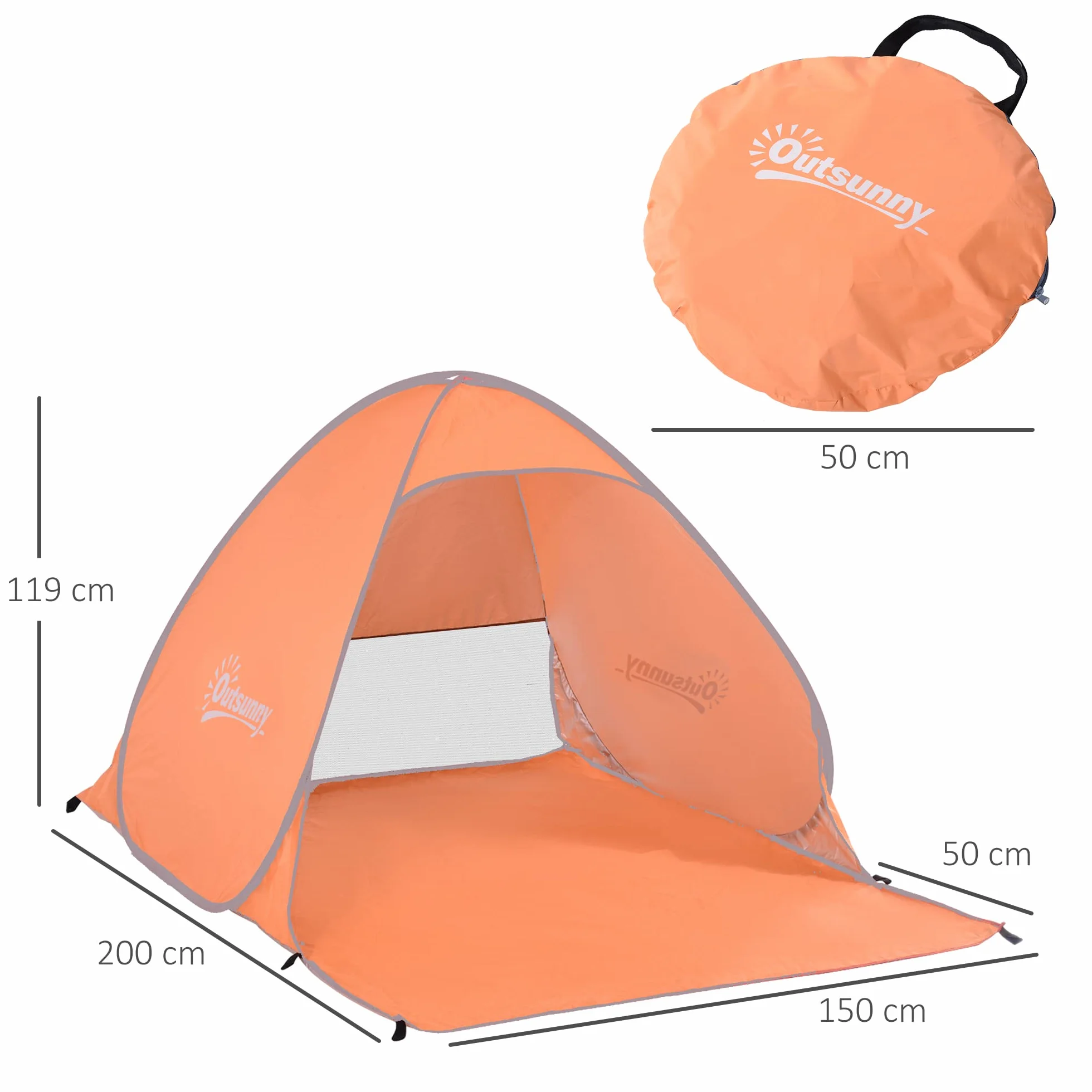 Outsunny Tenda da Spiaggia Pop Up con Protezione UV 30+, Tendalino da Mare Pieghevole con Finestra e Borsa di Trasporto, 200x150x119 cm