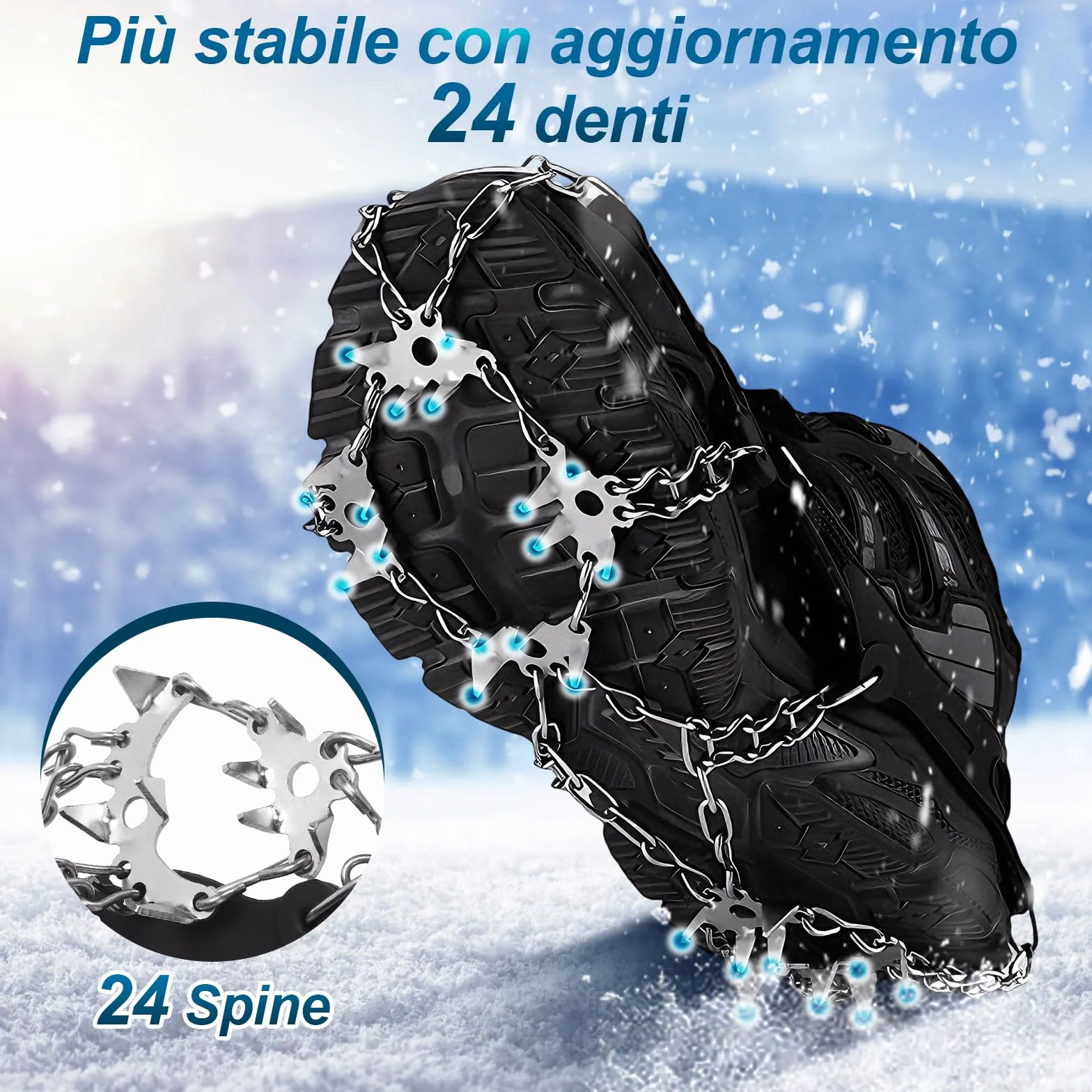 TOMSHOO Ramponi per Scarponi, 32 Denti Ramponi da Ghiaccio Catene in Acciaio Inossidabile con Cinghie, Ice Tacchetti Universali Trazione per Neve Ghiaccio Moutaineering Escursionismo