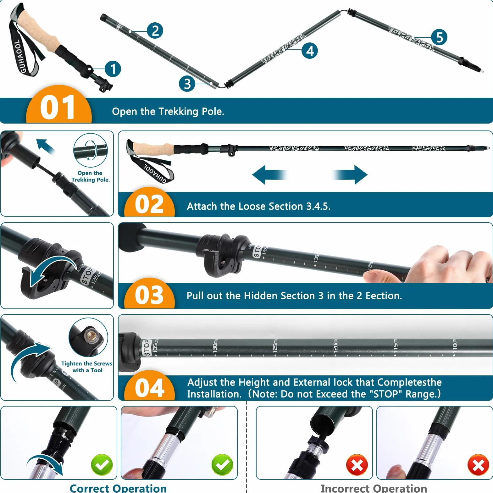 Bastoni Trekking Carbonio Allu 7075 Pieghevole Regolabile 108-139cm 2 Pezzi Nordic Walking