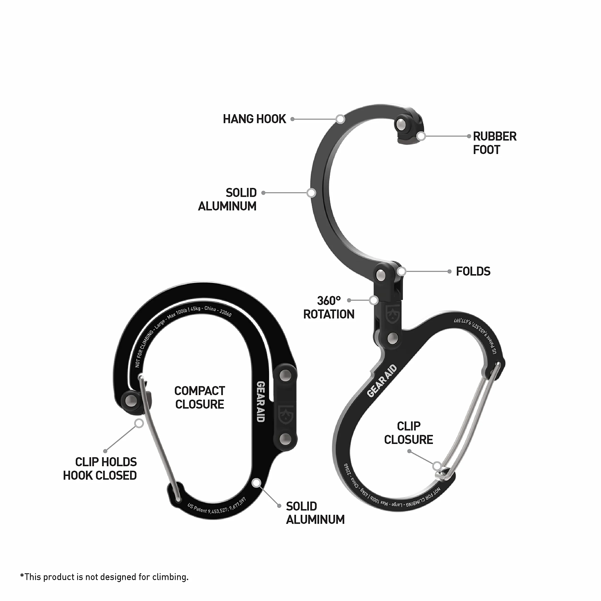 GEAR AID HEROCLIP Moschettone e Gancio (Grande) per Campeggio, Zaino, Organizzazione e Garage, Nero