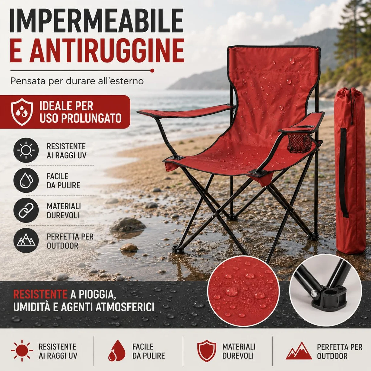 IlGruppone Sedia Camping Pieghevole in Acciaio con Porta Bevande – Sedia da Campeggio Portatile Impermeabile e Antiruggine con Sacca Trasporto – Ideale per Mare, Spiaggia, Pesca e Outdoor (Blu)