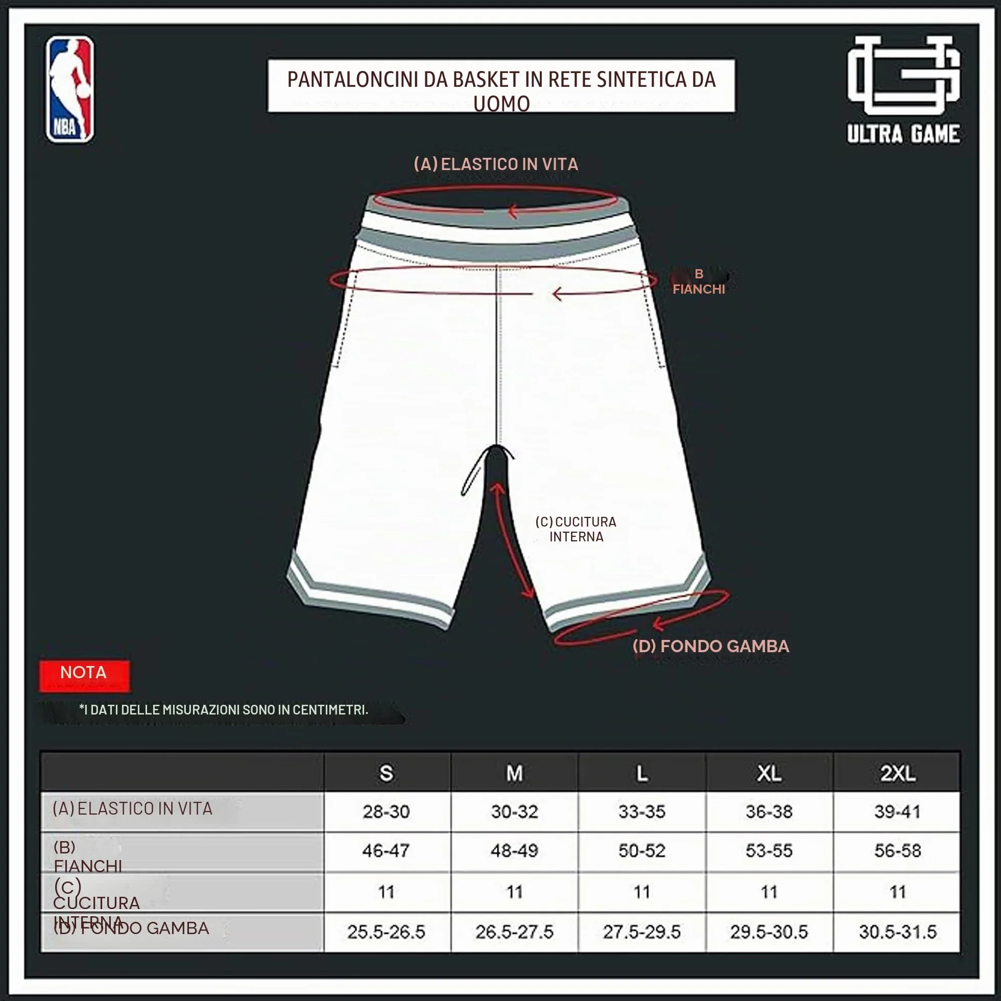 Ultra Game UNK NBA GSM3547F Woven Team Logo Poly Mesh Basket Shorts Nero Large