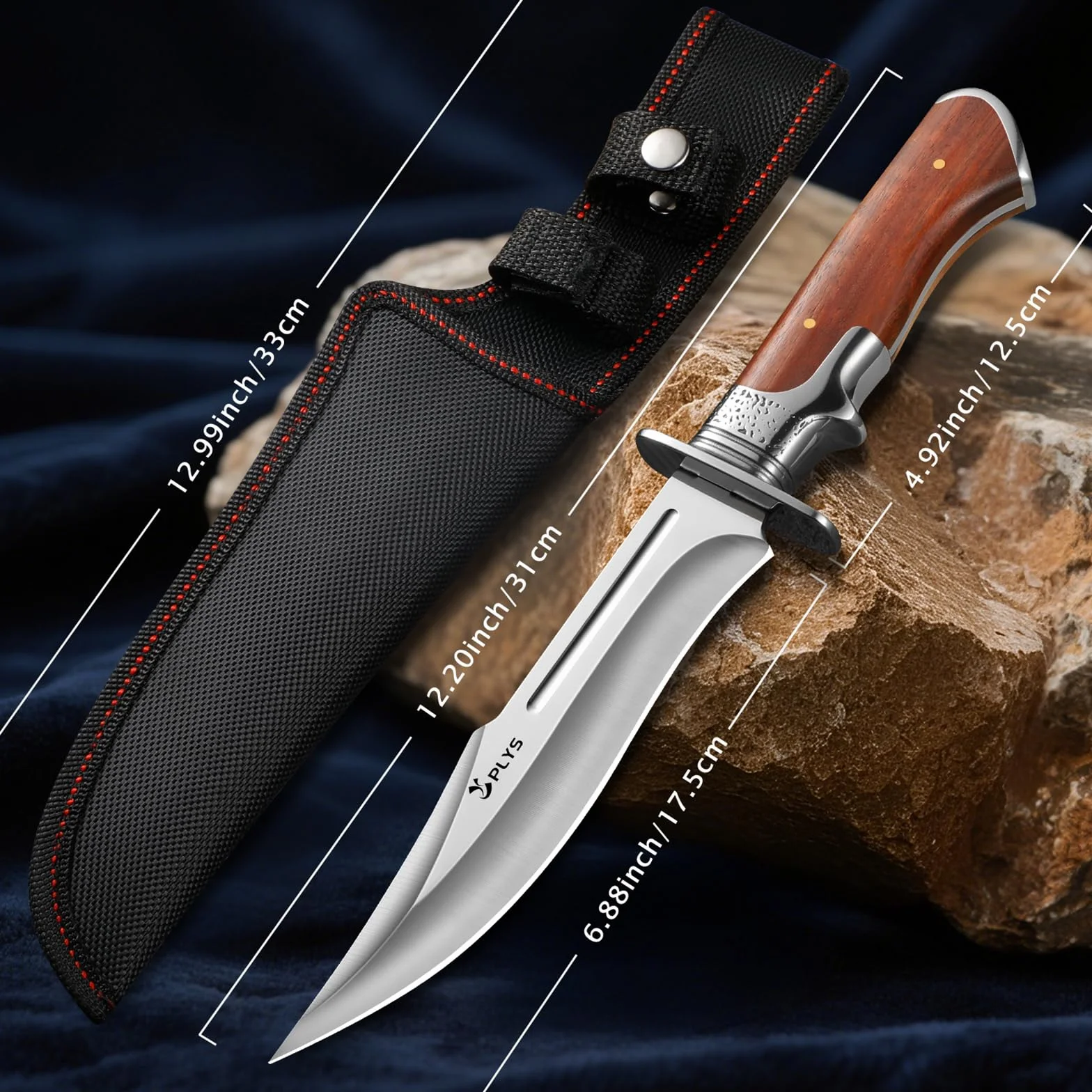 Plys Coltello da Caccia Lama Fissa 17 cm Coltello Bushcraft Professionale con Fodero Manico in Legno