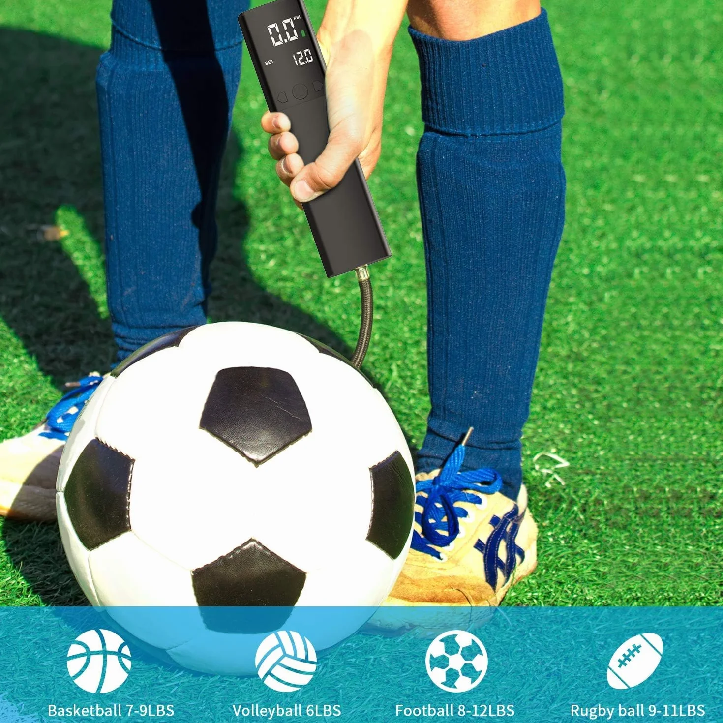 Pompa Elettrica a Sfera Intelligente con Manometro e Display LCD per Calcio, Basket, Pallavolo (2 Aghi, 1 Ugello)