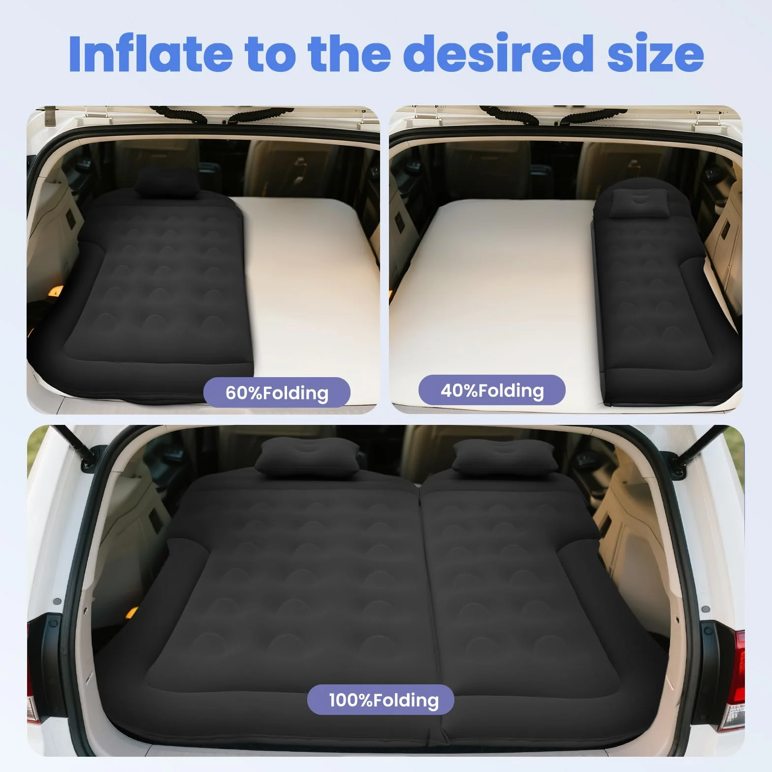 Materasso Auto SUV Portatile Ultra Comodo Floccato Materasso Gonfiabile per Auto con 2 Cuscini e Colonna d'Aria Migliorata Materasso per Auto per Interni ed Esterni Viaggi e Campeggio (Nero)