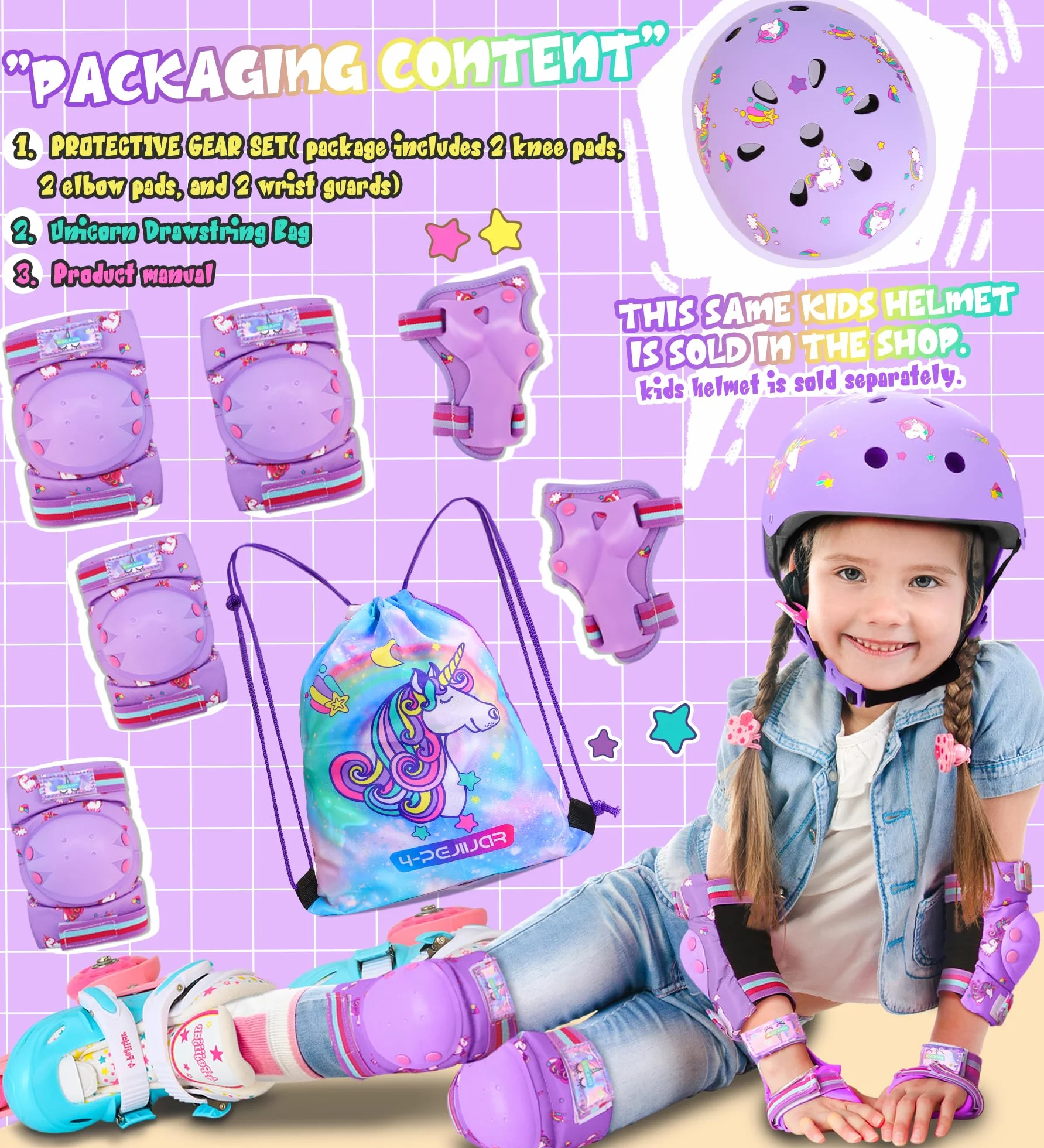 Unicorno Protezioni Set per Bambini Ginocchiere 6 in 1 Protettivi Kit Skateboard Scooter Bicicletta Pattini
