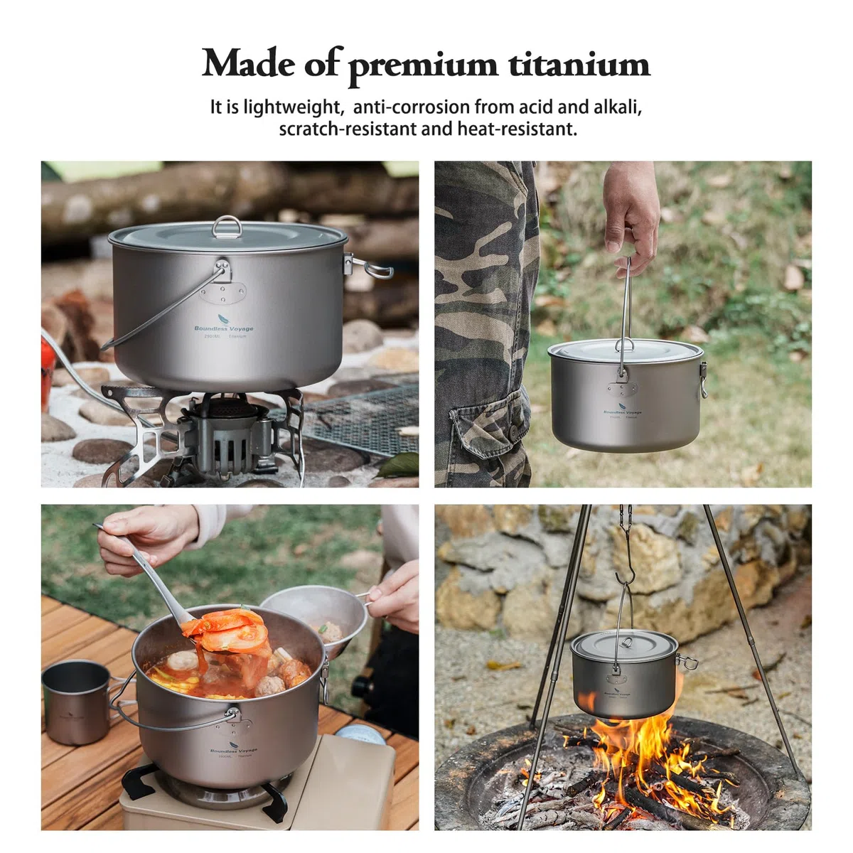Boundless Voyage Vaso da campeggio in titanio, 1,3 l, 1,95 l, 2,9 l, con coperchio, per esterni, leggero, per la zuppa, per il falò, da appendere, per le escursioni, per la cucina portatile