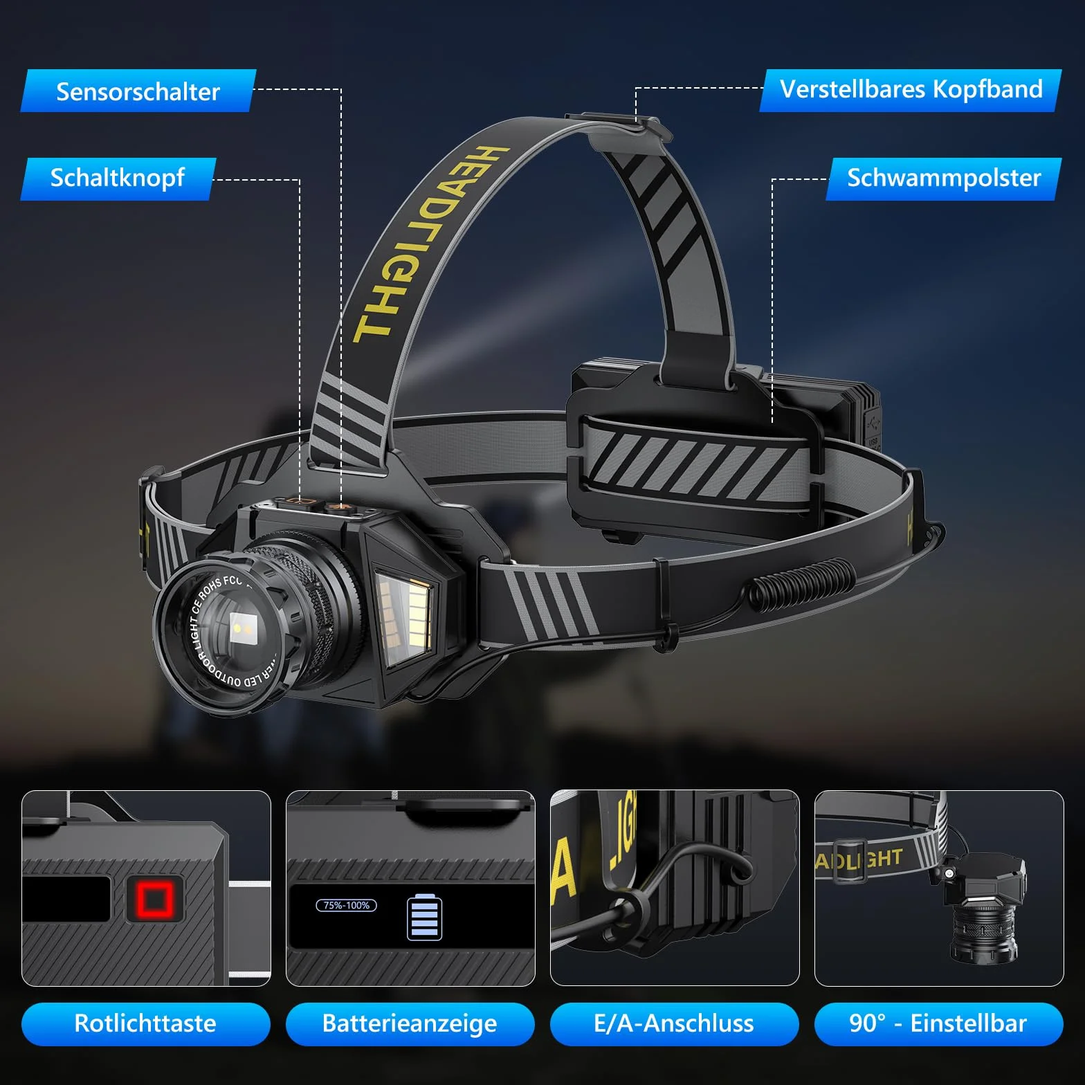 Rechargeable LED Headlamp 120000 Lumen, IPX7 9000mAh, 12 Modes, Sensor, Zoomable for Camping Fishing