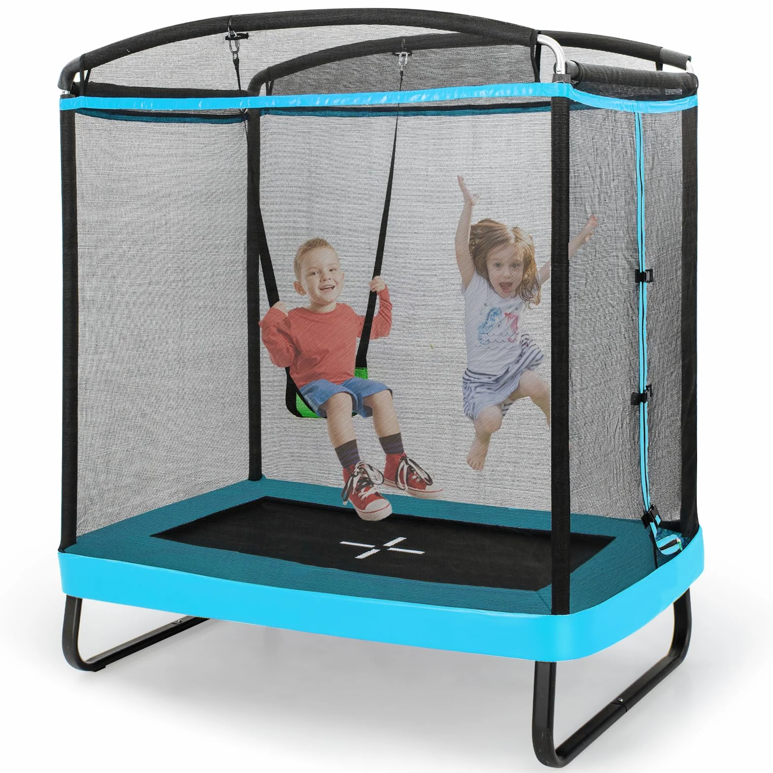 KOMFOTTEU Trampolino Elastico per bambini con Altalena, Rete di Sicurezza, Trampolino Rettangolare Portato 100 kg, Tappeto da Salto all'Aperto, Tappetino per Saltare, 190x122x210 cm