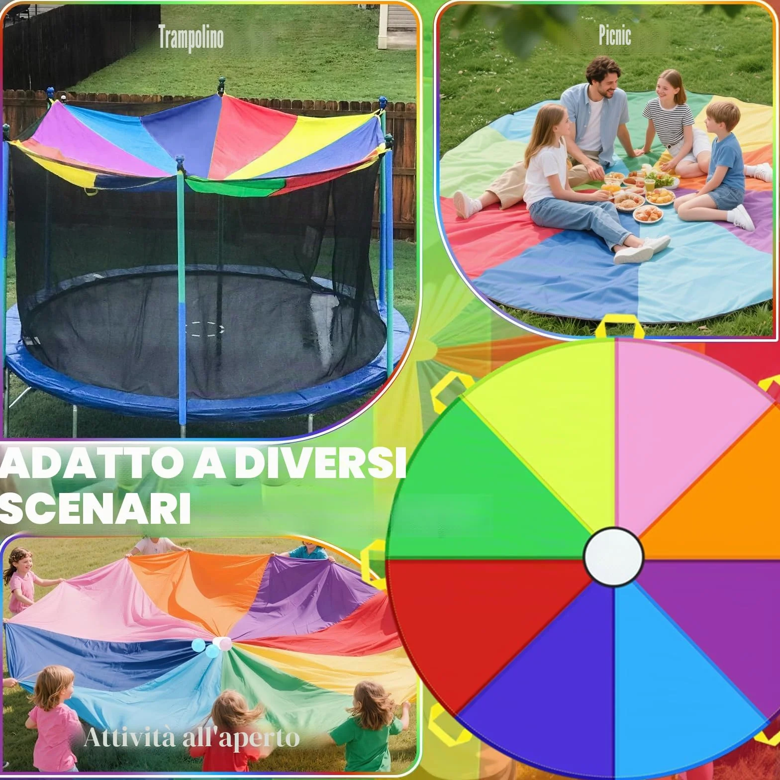 Paracadute Bambini Ø 300 cm Giochi di Gruppo al Chiuso e All'Aperto per Eventi Scolastici e Feste di Compleanno