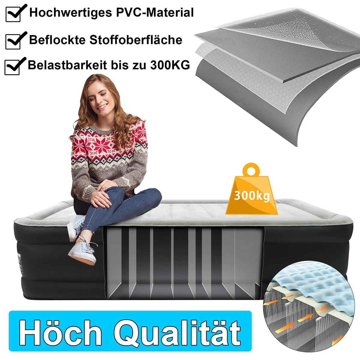 LARS360 Materasso ad aria autogonfiabile, materasso gonfiabile con pompa ad aria, 187 x 90 x 46 cm, adatto per 1 persona, letto ad aria inclusa, borsa per il campeggio/a casa, fino a 300 kg, nero e