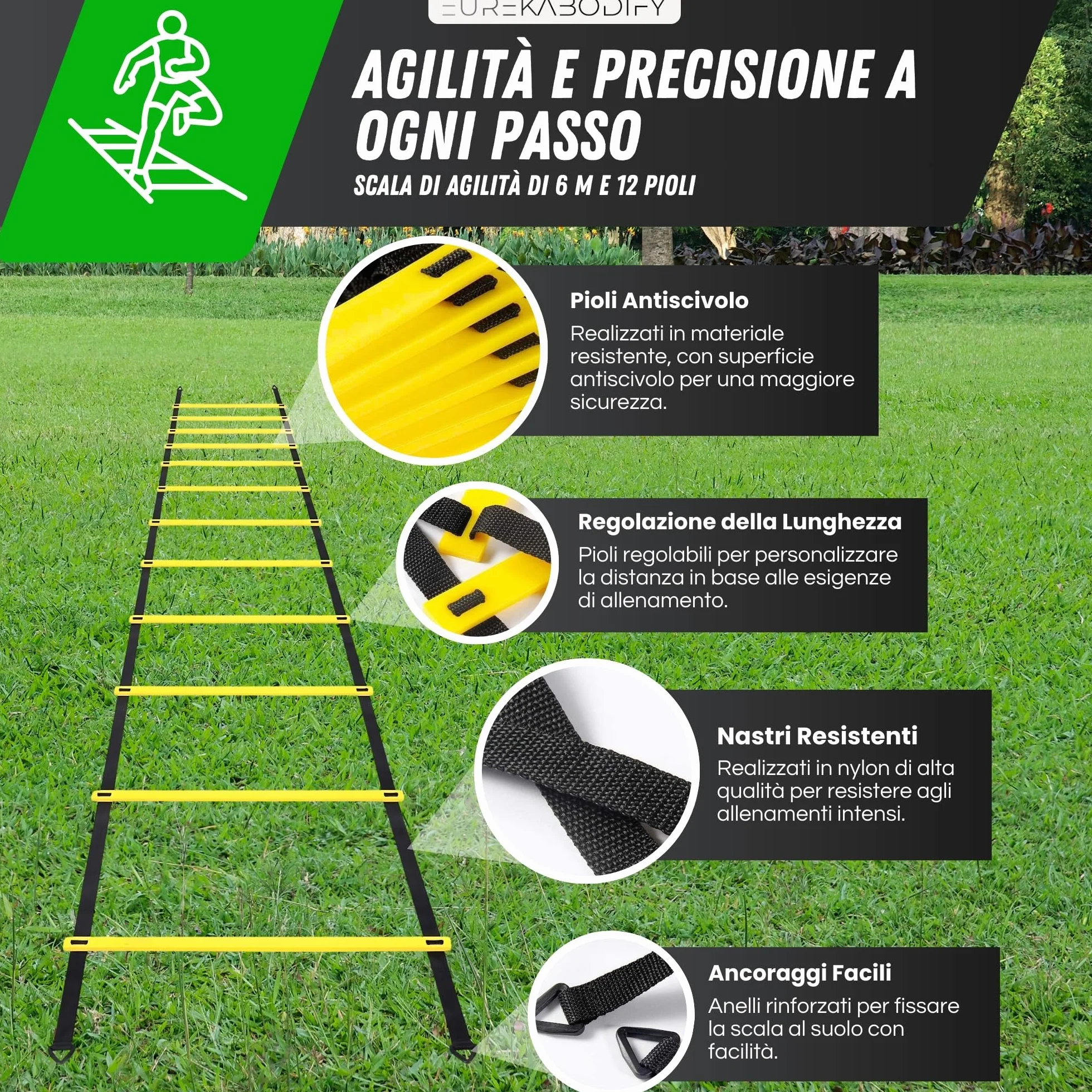 Kit Allenamento Calcio e Agilità con Scala 6m, Cinesini, Bande Elastiche, Paracadute e Borsa
