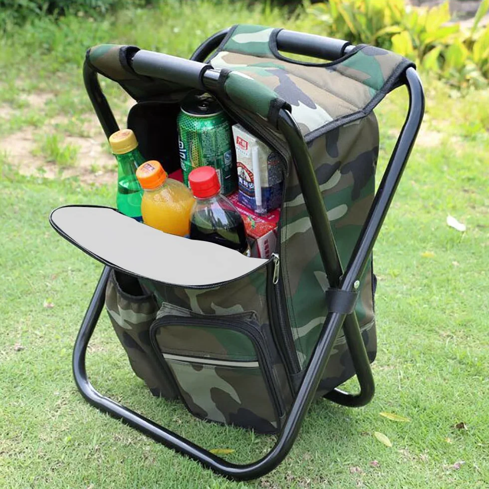 Pieghevole Sedia da Campeggio Sgabello Zaino con Borsa Picnic Isolato di Raffreddamento, Camouflage Portatile Escursionismo Seggiolone da Tavolo per Outdoor Pesca al Coperto Viaggio Beach BBQ