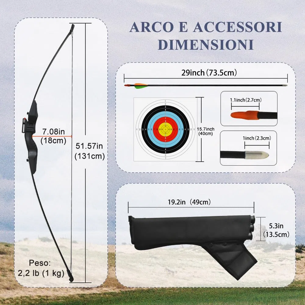 Arco e Freccia per Adulti, Set Arco e Freccia da Caccia per Principianti e Adolescenti, Arco da Tiro con Frecce e Bersaglio, Srco da Tiro All'aperto per Esercitazioni di Tiro