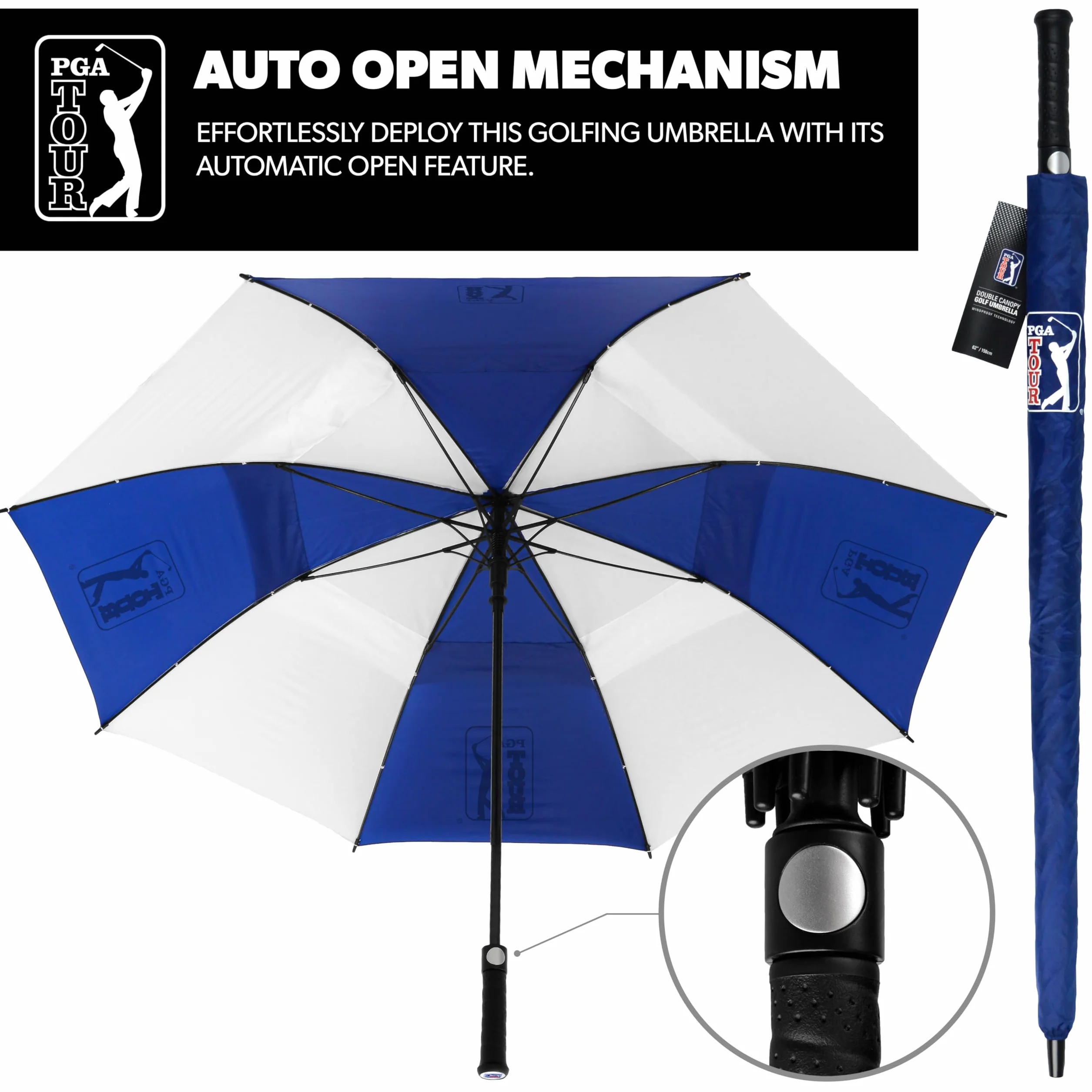 PGA TOUR 62-Inch Golf Umbrella Windproof Double Canopy Auto Open Fibreglass Shaft