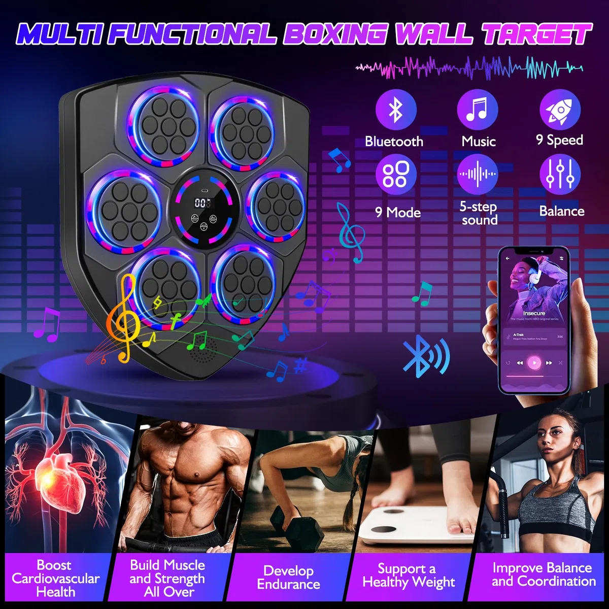 Joellfuner Music Boxing Machine, LED Macchina da Boxe Musicale, Supporto Bluetooth, Conteggio Intelligente, 9 modalità, Boxe Musicale da Parete per l'Allenamento Amatoriale Domestico
