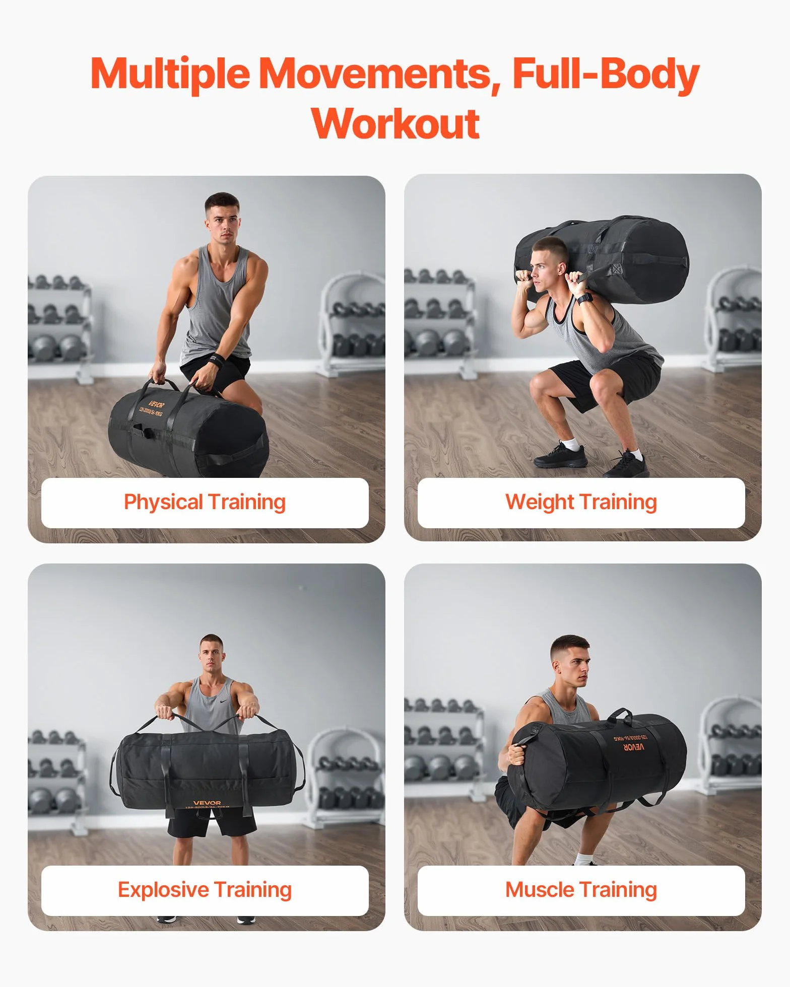 VEVOR Sacco di Sabbia per Allenamento, Resistente Borsa per Allenamento con Manici, Borsa per Fitness, Allenamento con Pesi, Cross-Training, Esercizi in Palestra a casa, Nero (Non Riempito)