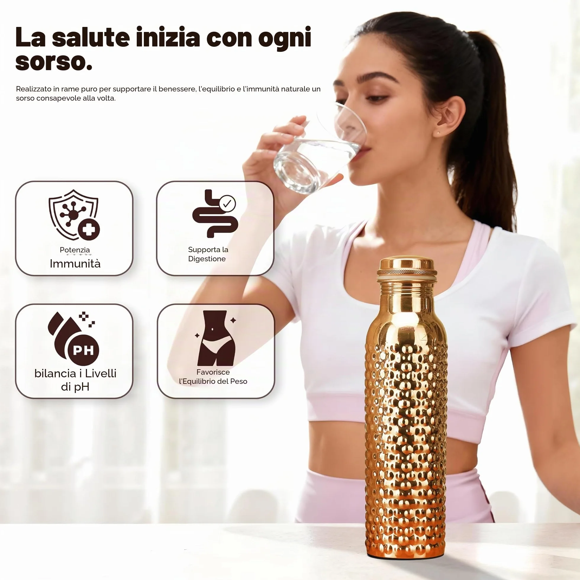 Borraccia in rame da 34 once con borsa in iuta, bottiglia in rame puro per acqua potabile, palestra, yoga, 1000 ml