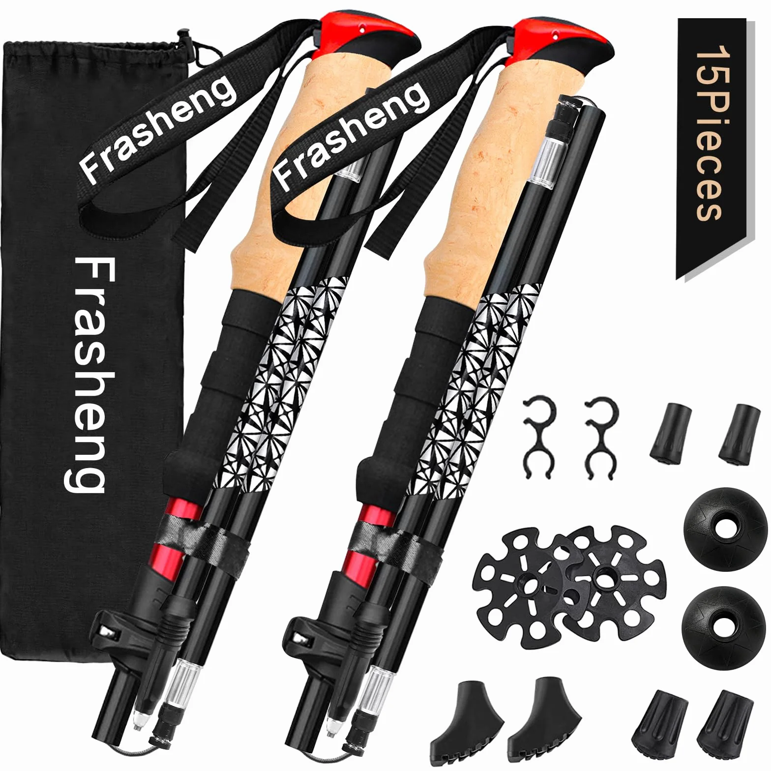 Bastoni Trekking Pieghevoli 7075 Alluminio, Nordic Walking Bastoncini con Manico in Sughero, 115-135cm, Nero