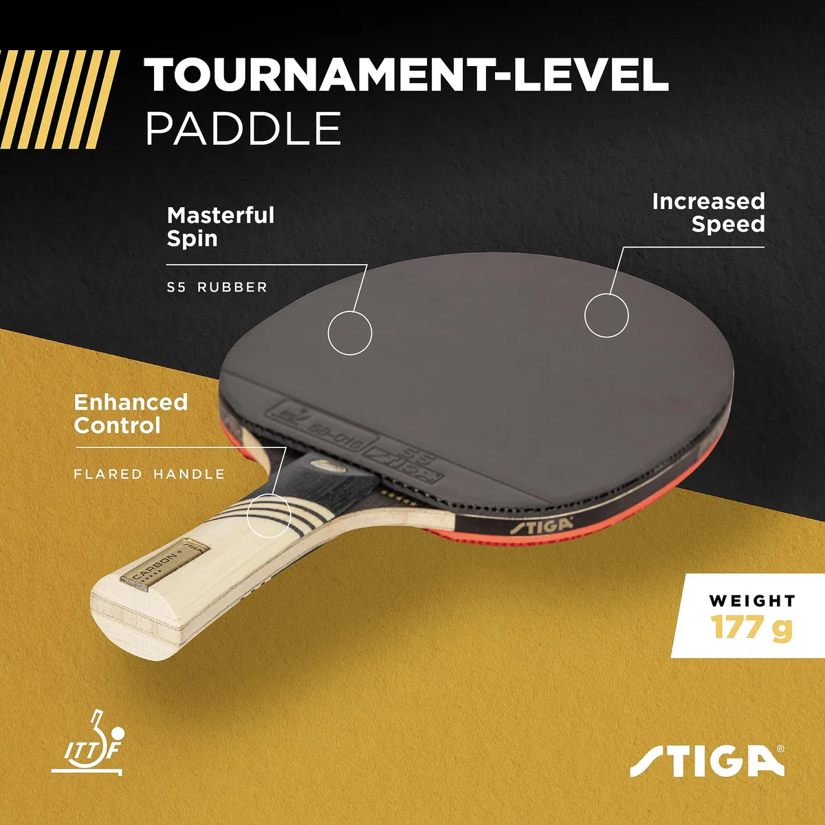 STIGA Carbon+ Ping Pong Paddle – 7-ply Extra Light Carbon Fiber Blade – 2mm Premium Sponge – Concave Pro Handle for Exceptional Grip – Performance Table Tennis Racket for Tournament-Level Play Red